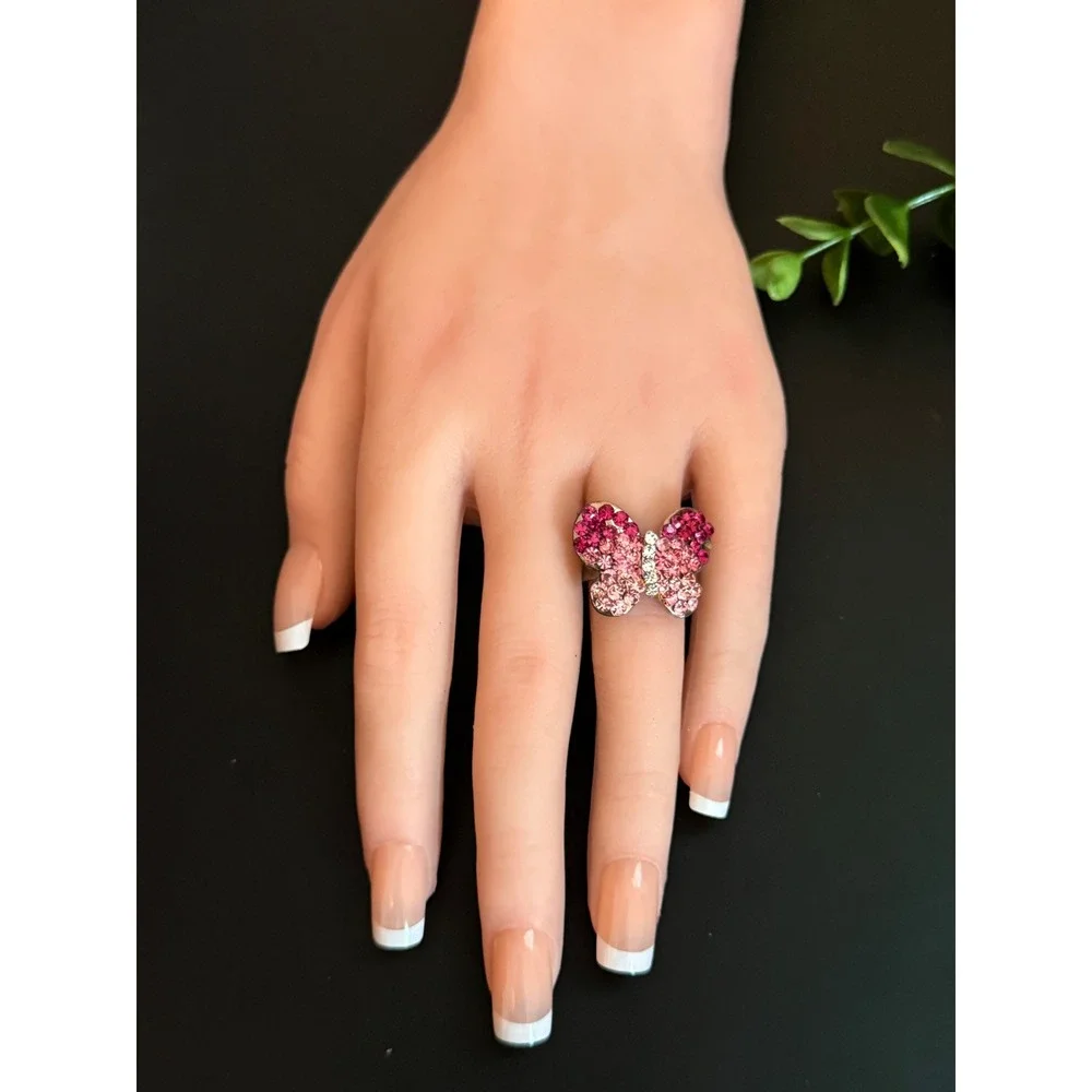 Fashion Ring Set 4pc Pink Camellia Butterfly Gold Character Crystal Bypass Rings